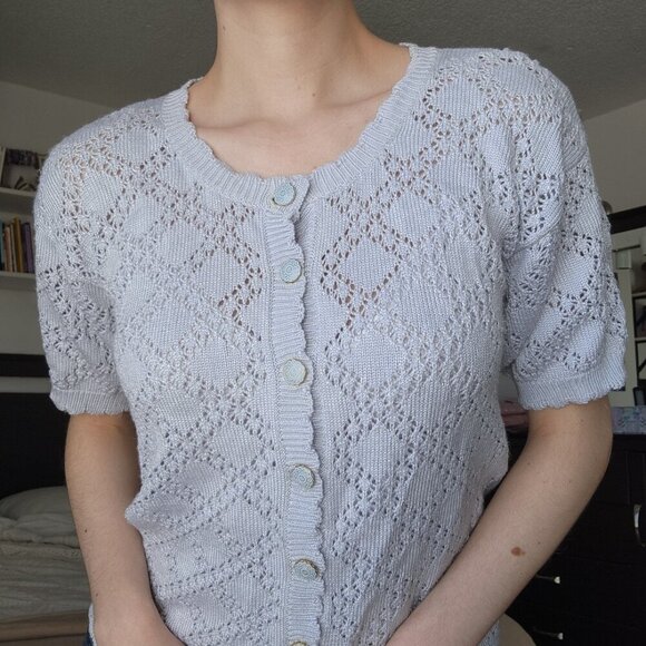 Vintage 70s pastel blue crochet short-sleeved button-up cardigan ✦ coastal grand - Picture 6 of 15
